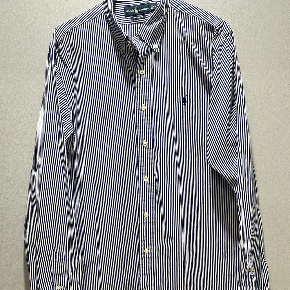 Men XL Ralph Lauren Navy Blue/White Striped Custom Fit Button Long Sleeve Shirt